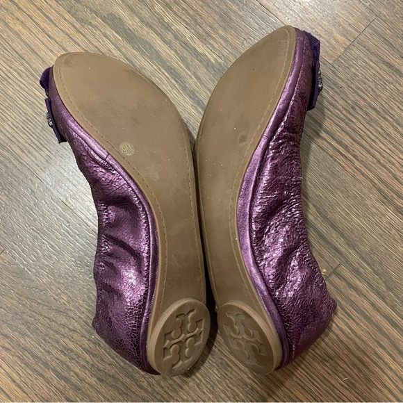 Tory Burch Azalea Crystal Bow Ballerina Flats Metallic Purple Leather Size 9 - Picture 10 of 12